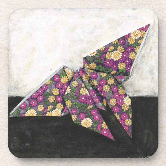 Dessous-de-verre Papillon Origami sur papier floral (Devant)
