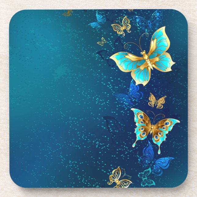 Dessous-de-verre Papillons d'or sur un Arrière - plan bleu (Devant)