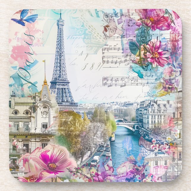 Dessous-de-verre Paris Tour Eiffel Fleurs Collage Art Voyage (Devant)