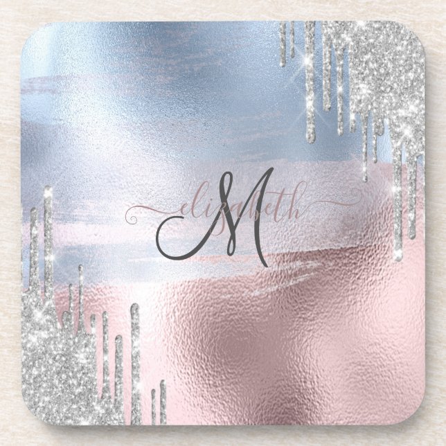Dessous-de-verre Parties scintillant argent gouttes Rose bleu métal (Devant)