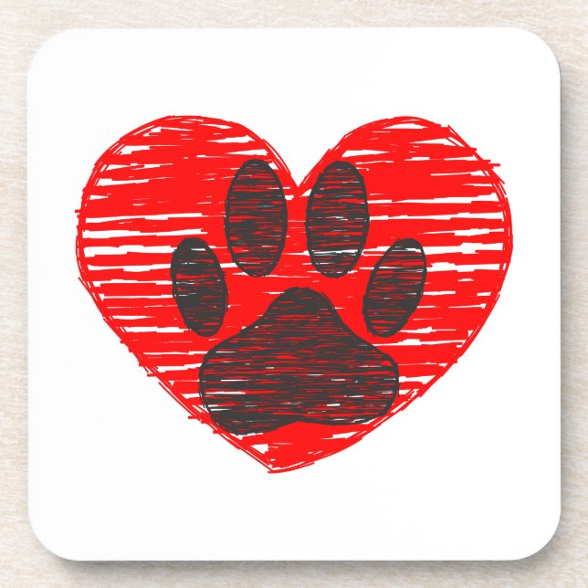 Dessous-de-verre Paw Chien Croquis Dans Le Coeur Rouge (Devant)
