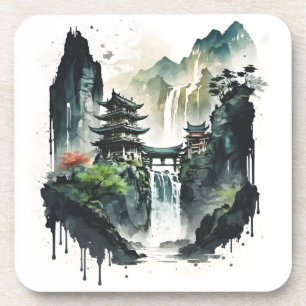 Dessous-de-verre Paysage antique de l'encre chinoise avec cascade