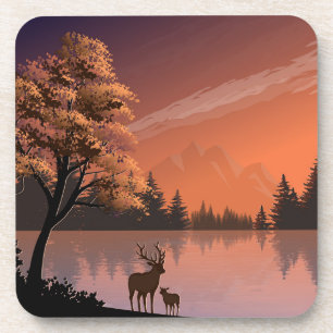Dessous-de-verre Paysage du lever du soleil avec lac et Deers-51207