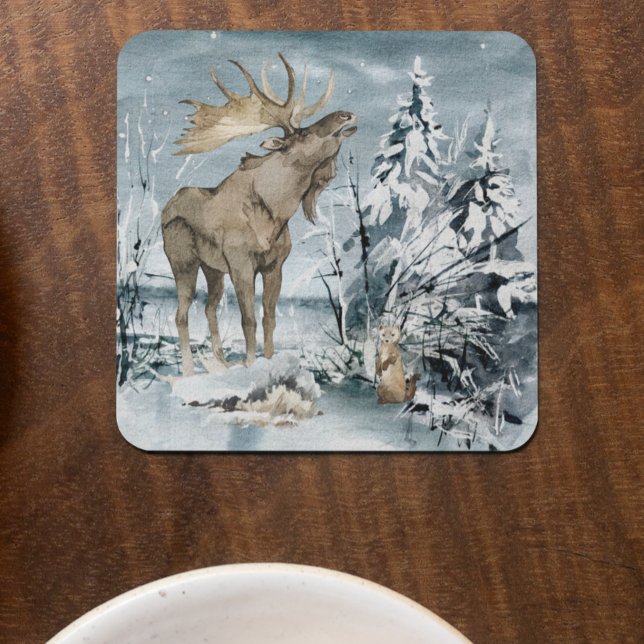 Dessous-de-verre Paysage hivernal Aquarelle Moose (Créateur téléchargé)