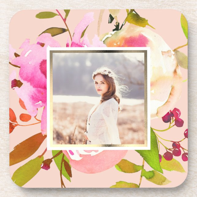 Dessous-de-verre Peach Blush avec aquarelle photo florale (Devant)
