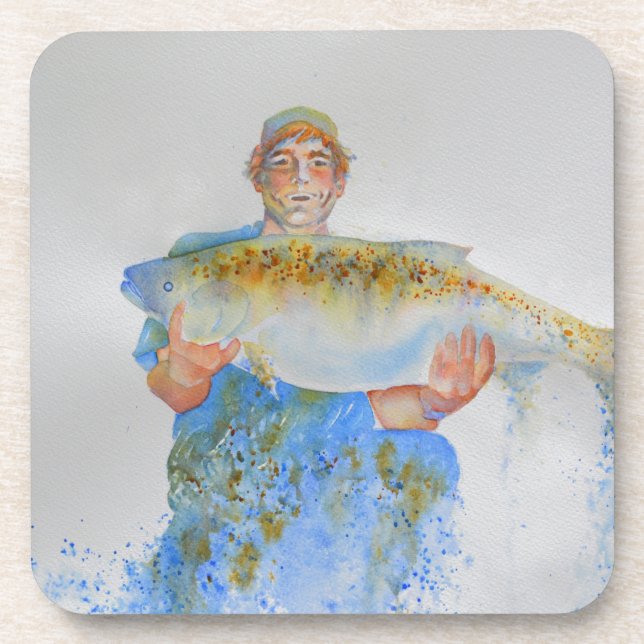 Dessous-de-verre Pêcheur peinture d'aquarelle cadeau de pêche pour  (Devant)