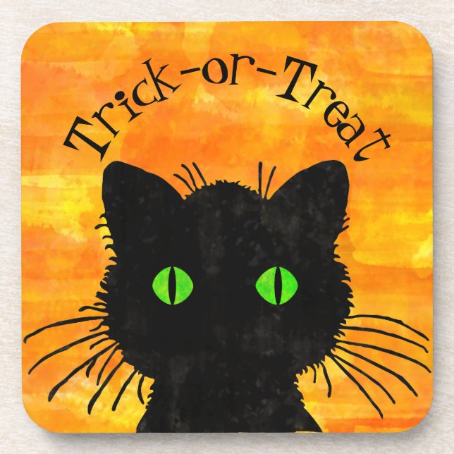 Dessous-de-verre Peeeking Chat noir Halloween Aquarelle Design (Devant)