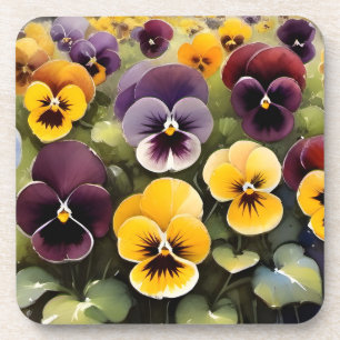 Dessous-de-verre Peinture à l'aquarelle de pensées jaunes et violet