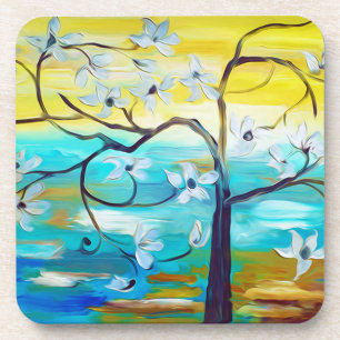 Dessous-de-verre Peinture à l'huile élégante d'un arbre à fleurs bl