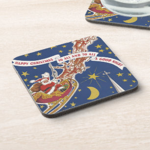 Dessous-de-verre Père Noël vintage de Noël avec rennes en vol