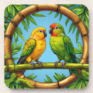 Dessous-de-verre Perroquets colorés perchés sur un cadre en bambou