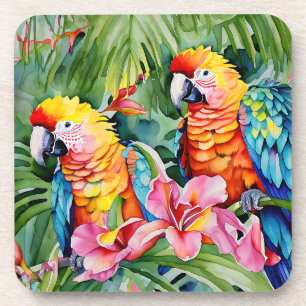 Dessous-de-verre Perroquets verts, rouges, bleus et fleurs tropical