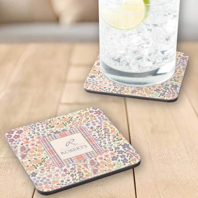 Dessous-de-verre Personalized Floral & Plaid Coaster Set (Personalized Floral & Plaid Coaster Set – Custom Name & Initial)