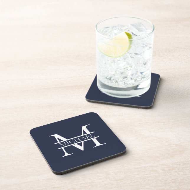 Dessous-de-verre Personnalisé Elegant Navy Blue Monogramme et nom (Côté Droit)