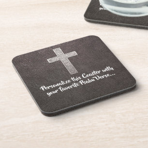Dessous-de-verre Personnaliser Psaume Texte Croix Métal Sur Cuir So