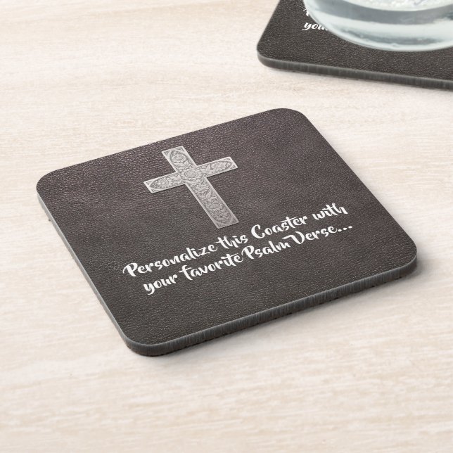 Dessous-de-verre Personnaliser Psaume Texte Croix Métal Sur Cuir So (Côté gauche)
