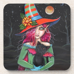 Dessous-de-verre Petite sorcière et chat ailé Halloween Art