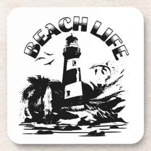Dessous-de-verre Phare de la vie de plage en noir et blanc