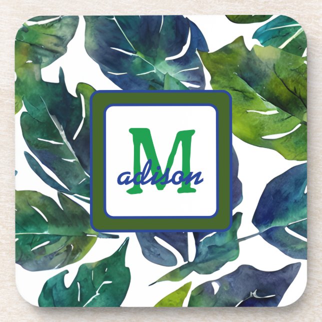Dessous-de-verre Philodendron vert et bleu du feuillage Monogramme (Devant)