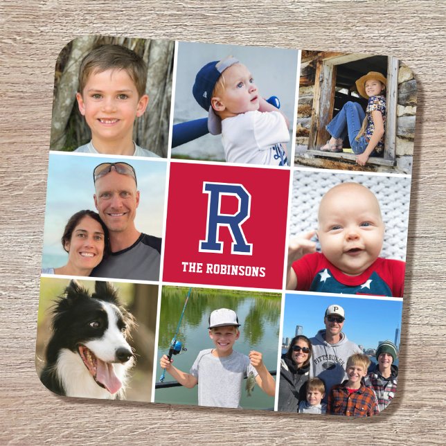 Dessous-de-verre Photo Collage Famille Monogramme Crimson Marine (Créateur téléchargé)