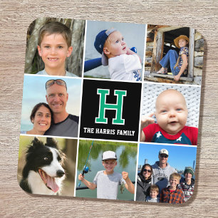 Dessous-de-verre Photo Collage Famille Monogramme Vert Noir