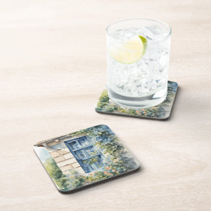 Dessous-de-verre Pierre mur de la fenêtre bleue Cottage Vignes