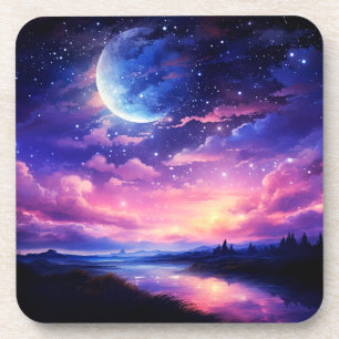 Dessous-de-verre Pleine lune Céleste Étoiles Nuages Mystique Violet