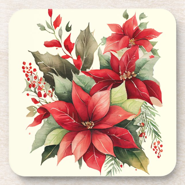 Dessous-de-verre Poinsettia Holly Berry Rouge Blanc Fleur Noël (Devant)