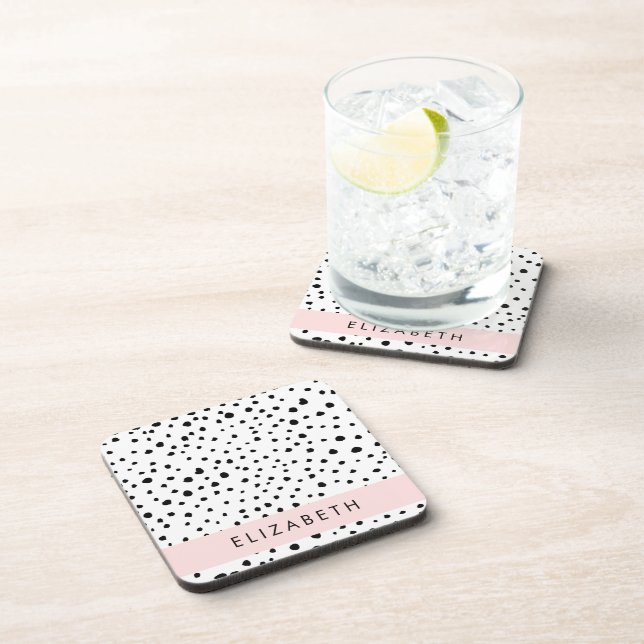 Dessous-de-verre Points dalmatiens, Spots, Noir et Blanc, Votre nom (Côté Droit)