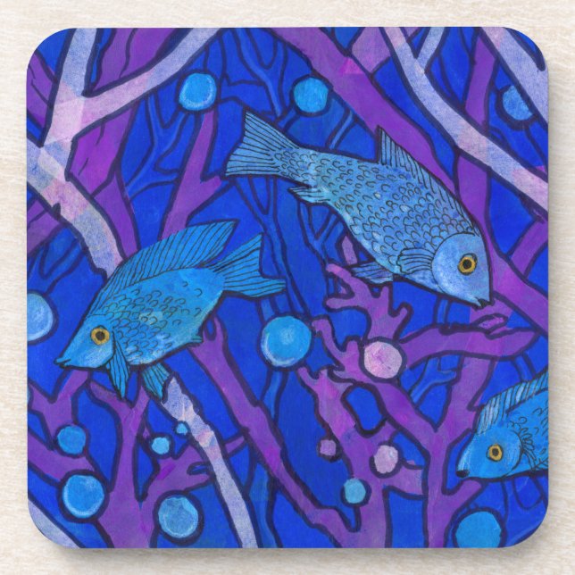 Dessous-de-verre Poisson bleu dans l'algue, Collage de papier d'art (Devant)