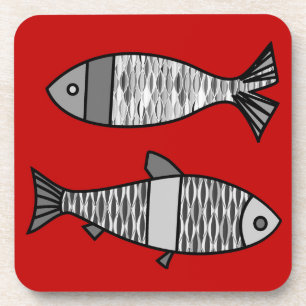 Dessous-de-verre Poisson moderne rétro, rouge profond et gris / gri