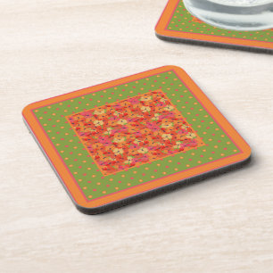 Dessous-de-verre Poppies and Polka Dots on Green Set of Coasters