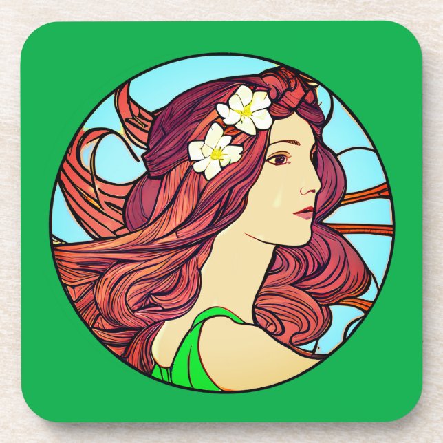 Dessous-de-verre Portrait Art Nouveau d'une femme sur Emerald Green (Devant)