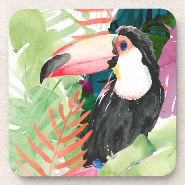 Dessous-de-verre Portrait toucan avec Feuilles tropicaux (Devant)