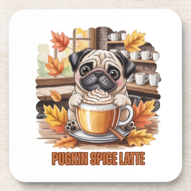 Dessous-de-verre Pugkin Spice Latte – Cute Autumn Pug Coffee Design (Devant)