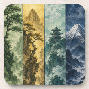 Dessous-de-verre Quatre Saisons Montagne Paysage à l'encre japona