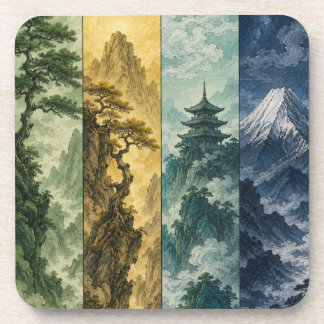 Dessous-de-verre Quatre Saisons Montagne | Paysage à l'encre japona