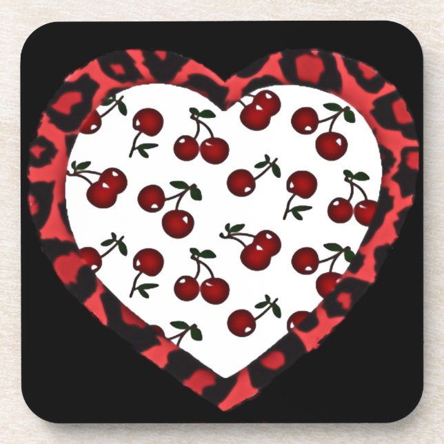 Dessous-de-verre RAB Rockabilly Cherries Coeur Empreinte de léopard (Devant)