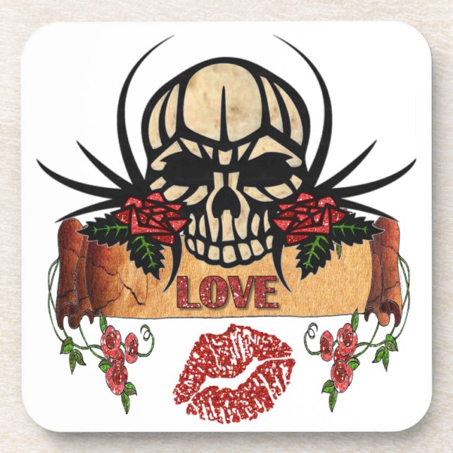 Dessous-de-verre RAB Rockabilly Crâne Roses Love Lipstick (Devant)