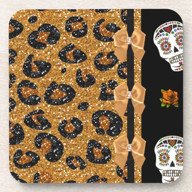 Dessous-de-verre RAB Rockabilly Gold Leopard Print Sugar Skulls (Devant)