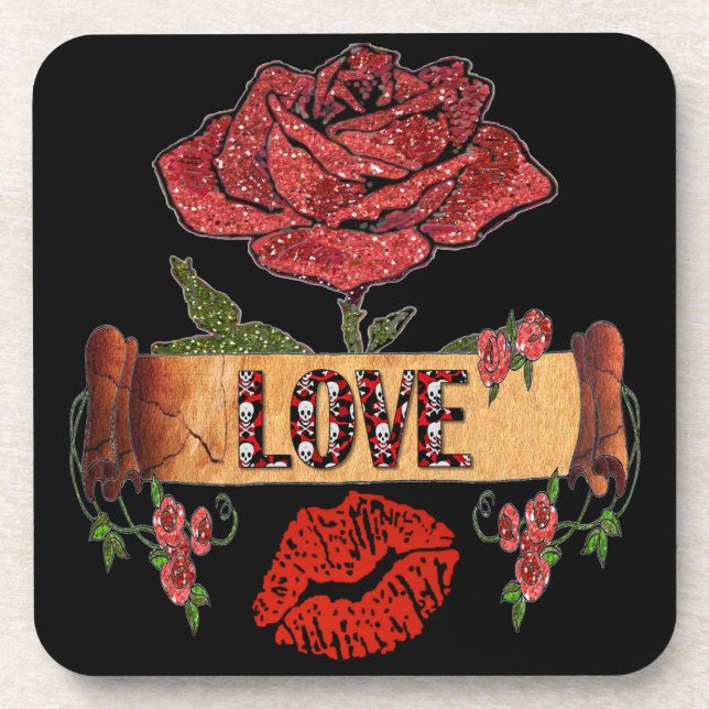 Dessous-de-verre RAB Rockabilly Valentine Roses, Love & Lipstick (Devant)