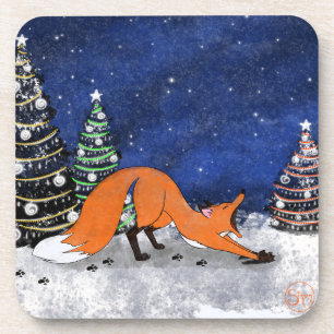 Dessous-de-verre Renard en train de bâiller une nuit d'hiver.