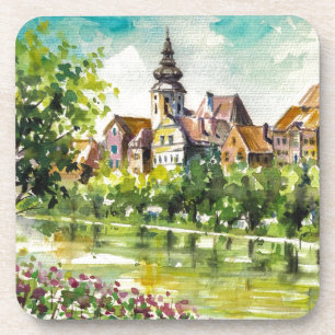 Dessous-de-verre Ressort dans la petite ville sur la rivière