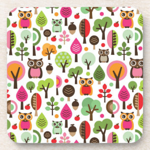 Dessous-de-verre rétro motif de hibou d'arbre rose de feuille