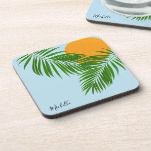 Dessous-de-verre Retro Tropical Sun Palm Leaves Blue Minimal Name