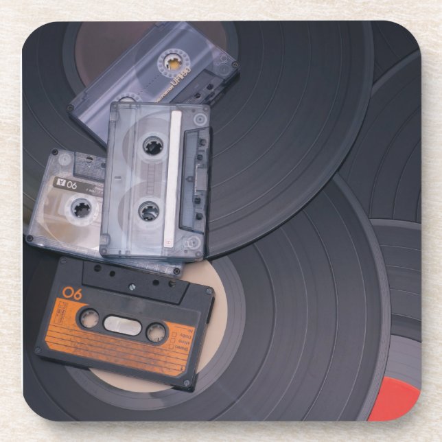 Dessous-de-verre rétros enregistreurs à cassettes et disques vinyle (Devant)