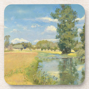 Dessous-de-verre Rivière à travers un paysage de récolte, été