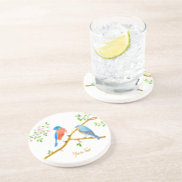Dessous de verre rond en grès blanc avec merlebleu