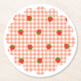 DESSOUS-DE-VERRE ROND EN PAPIER いちご　ギンガムチェック　サーモンピンク   