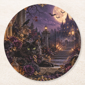 DESSOUS-DE-VERRE ROND EN PAPIER 幻想的なゴシックハロウィン 黒猫と満月 ラウンドコースター